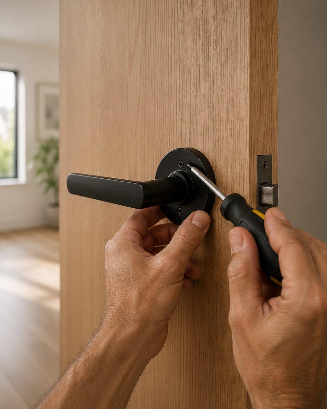 Hands fitting a matte black lever handle to an interior door