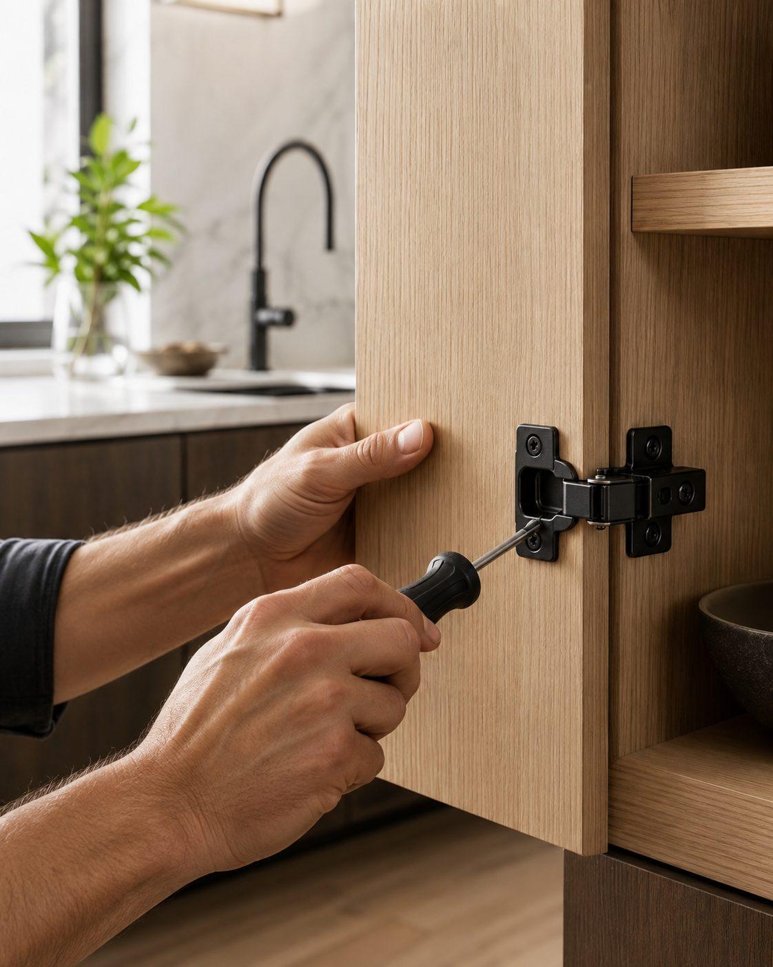 Hands adjusting a cabinet hinge with a screwdriver in a modern kitchen