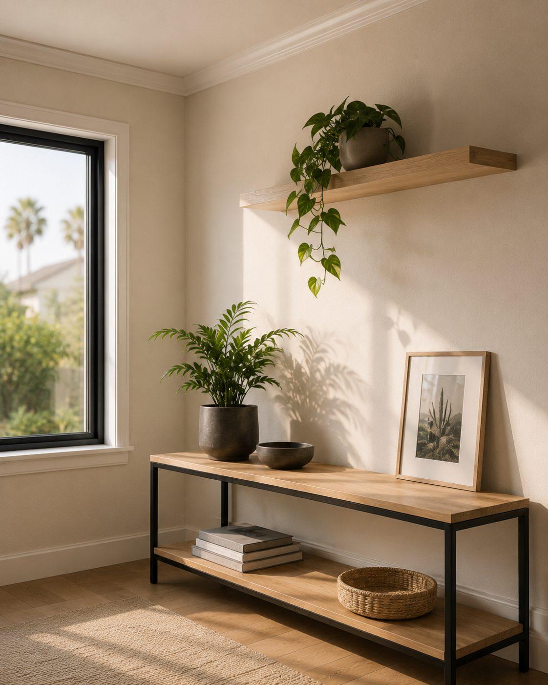 A refreshed interior corner with a console table, shelf and plants