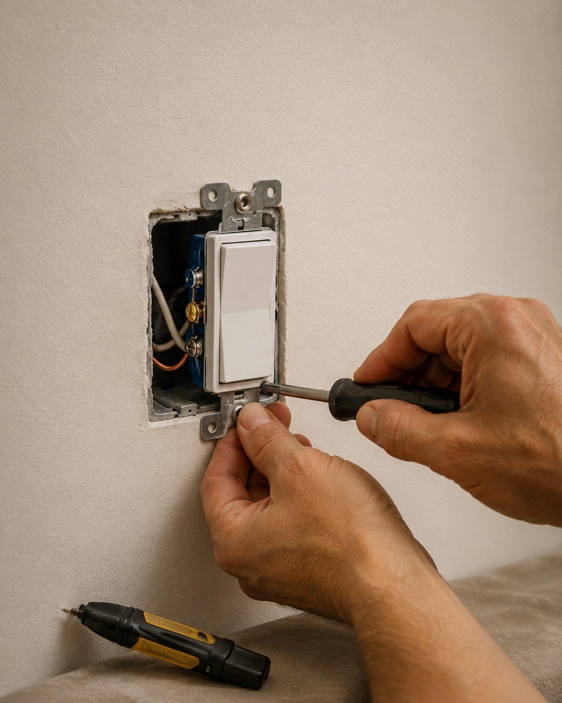 A screwdriver seating a switch plate into a wall box beside a voltage tester