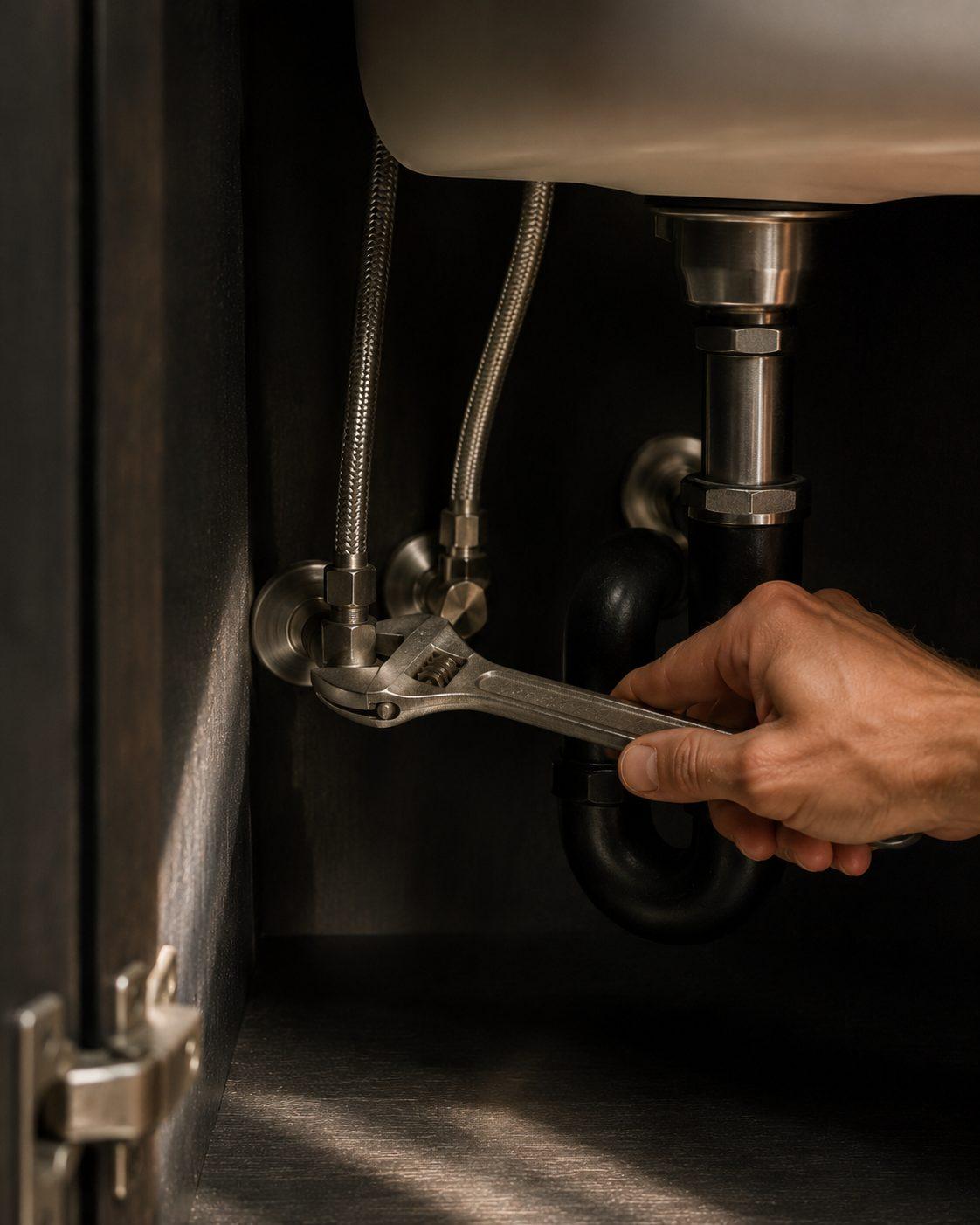 An adjustable wrench on the supply line beneath a modern sink